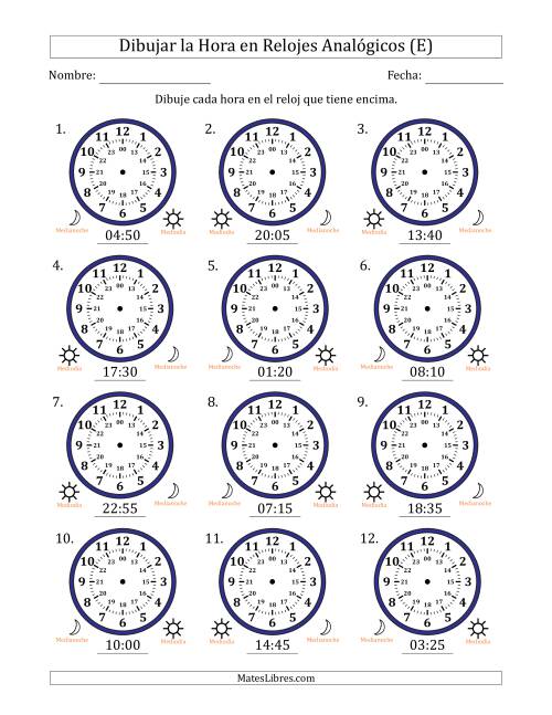 La hoja de ejercicios de Representar la Hora en Relojes Analógicos de 24 Horas en Intervalos de 5 Minuto (12 Relojes) (E)