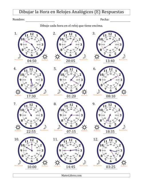 La hoja de ejercicios de Representar la Hora en Relojes Analógicos de 24 Horas en Intervalos de 5 Minuto (12 Relojes) (E) Página 2