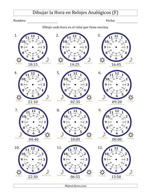 La hoja de ejercicios de Representar la Hora en Relojes Analógicos de 24 Horas en Intervalos de 5 Minuto (12 Relojes) (F)