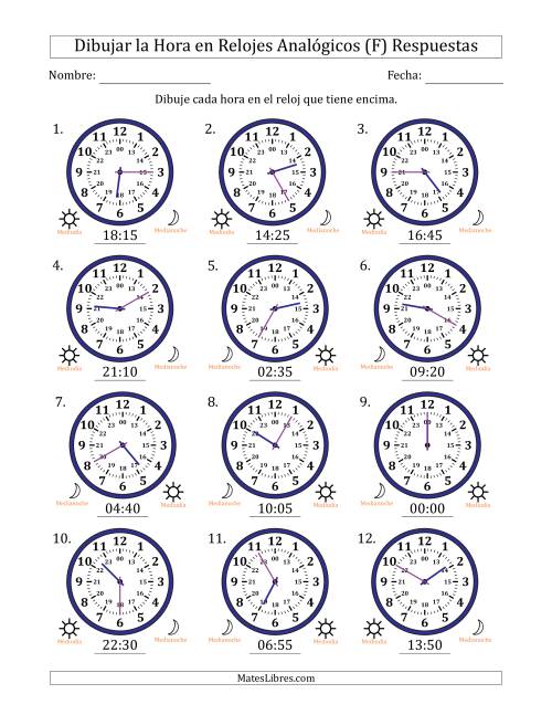 La hoja de ejercicios de Representar la Hora en Relojes Analógicos de 24 Horas en Intervalos de 5 Minuto (12 Relojes) (F) Página 2