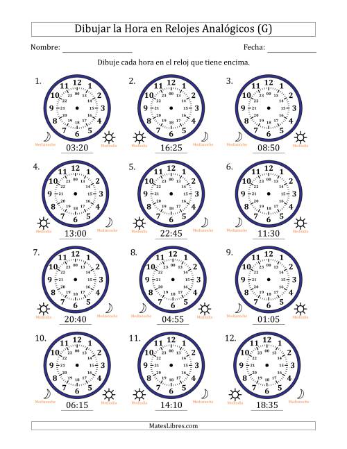 La hoja de ejercicios de Representar la Hora en Relojes Analógicos de 24 Horas en Intervalos de 5 Minuto (12 Relojes) (G)