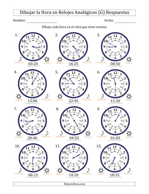 La hoja de ejercicios de Representar la Hora en Relojes Analógicos de 24 Horas en Intervalos de 5 Minuto (12 Relojes) (G) Página 2