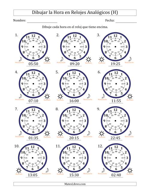 La hoja de ejercicios de Representar la Hora en Relojes Analógicos de 24 Horas en Intervalos de 5 Minuto (12 Relojes) (H)
