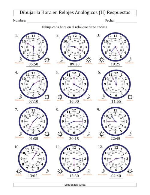 La hoja de ejercicios de Representar la Hora en Relojes Analógicos de 24 Horas en Intervalos de 5 Minuto (12 Relojes) (H) Página 2