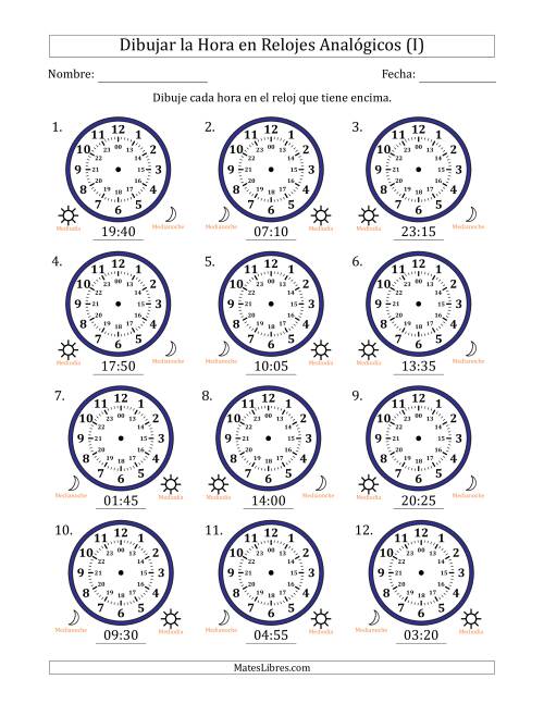 La hoja de ejercicios de Representar la Hora en Relojes Analógicos de 24 Horas en Intervalos de 5 Minuto (12 Relojes) (I)