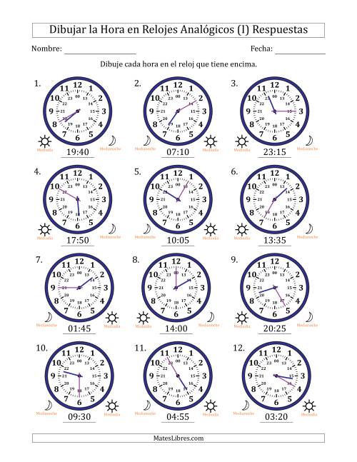La hoja de ejercicios de Representar la Hora en Relojes Analógicos de 24 Horas en Intervalos de 5 Minuto (12 Relojes) (I) Página 2