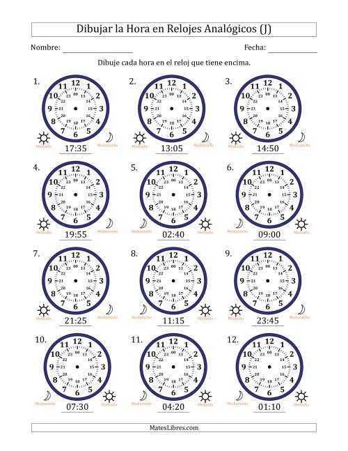 La hoja de ejercicios de Representar la Hora en Relojes Analógicos de 24 Horas en Intervalos de 5 Minuto (12 Relojes) (J)