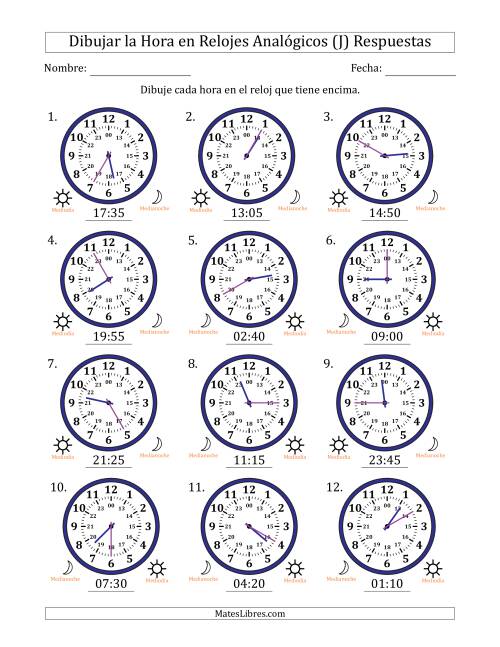 La hoja de ejercicios de Representar la Hora en Relojes Analógicos de 24 Horas en Intervalos de 5 Minuto (12 Relojes) (J) Página 2
