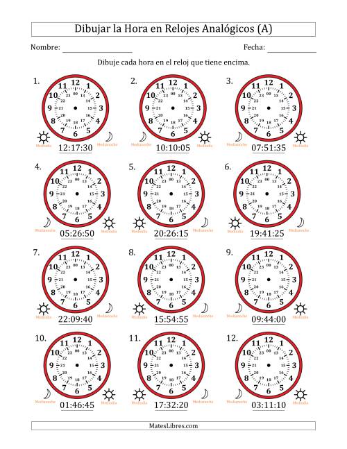 La hoja de ejercicios de Representar la Hora en Relojes Analógicos de 24 Horas en Intervalos de 5 Segundo (12 Relojes) (A)
