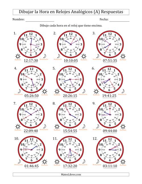 La hoja de ejercicios de Representar la Hora en Relojes Analógicos de 24 Horas en Intervalos de 5 Segundo (12 Relojes) (A) Página 2