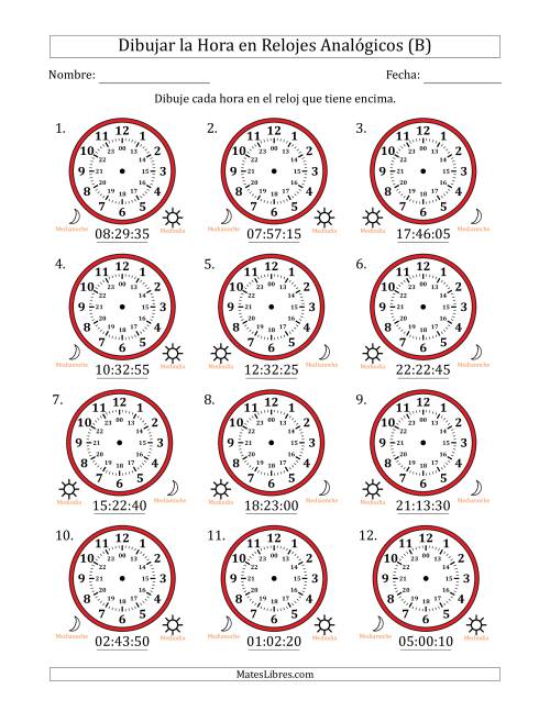 La hoja de ejercicios de Representar la Hora en Relojes Analógicos de 24 Horas en Intervalos de 5 Segundo (12 Relojes) (B)