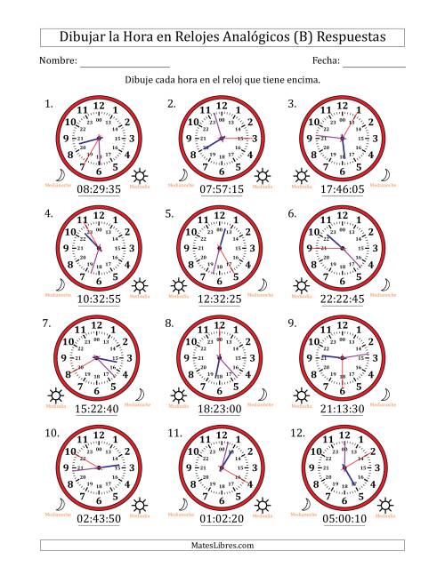 La hoja de ejercicios de Representar la Hora en Relojes Analógicos de 24 Horas en Intervalos de 5 Segundo (12 Relojes) (B) Página 2