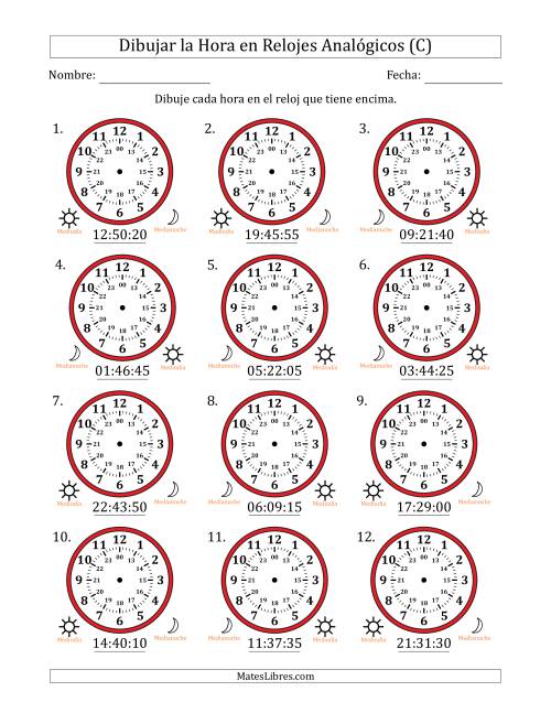 La hoja de ejercicios de Representar la Hora en Relojes Analógicos de 24 Horas en Intervalos de 5 Segundo (12 Relojes) (C)