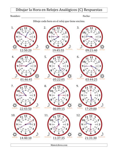 La hoja de ejercicios de Representar la Hora en Relojes Analógicos de 24 Horas en Intervalos de 5 Segundo (12 Relojes) (C) Página 2