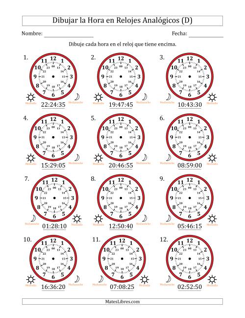 La hoja de ejercicios de Representar la Hora en Relojes Analógicos de 24 Horas en Intervalos de 5 Segundo (12 Relojes) (D)