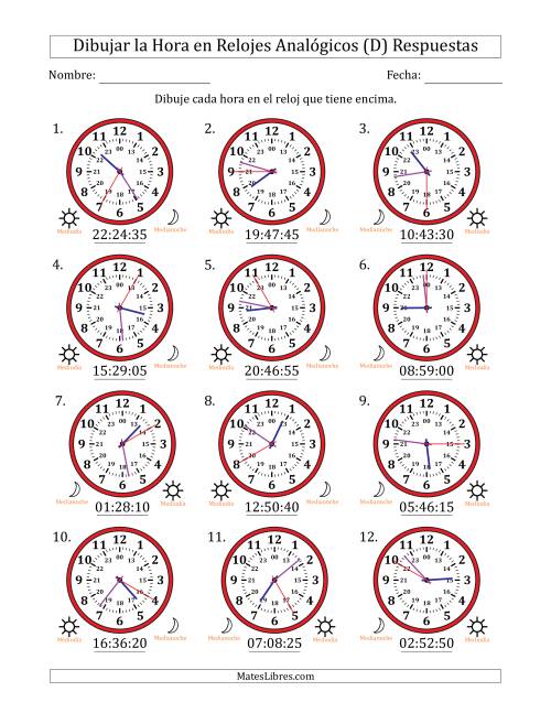 La hoja de ejercicios de Representar la Hora en Relojes Analógicos de 24 Horas en Intervalos de 5 Segundo (12 Relojes) (D) Página 2