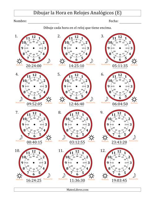 La hoja de ejercicios de Representar la Hora en Relojes Analógicos de 24 Horas en Intervalos de 5 Segundo (12 Relojes) (E)