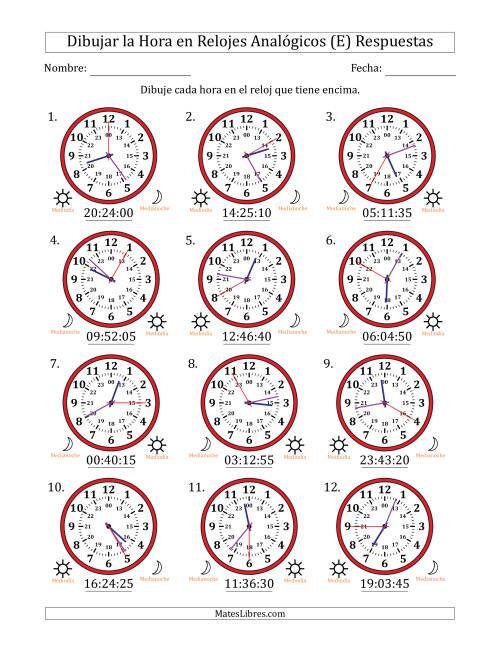 La hoja de ejercicios de Representar la Hora en Relojes Analógicos de 24 Horas en Intervalos de 5 Segundo (12 Relojes) (E) Página 2