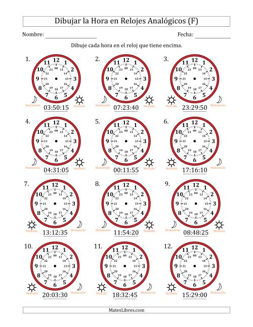 La hoja de ejercicios de Representar la Hora en Relojes Analógicos de 24 Horas en Intervalos de 5 Segundo (12 Relojes) (F)