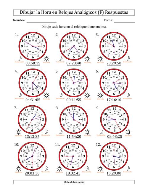 La hoja de ejercicios de Representar la Hora en Relojes Analógicos de 24 Horas en Intervalos de 5 Segundo (12 Relojes) (F) Página 2