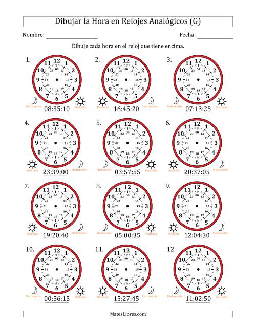 La hoja de ejercicios de Representar la Hora en Relojes Analógicos de 24 Horas en Intervalos de 5 Segundo (12 Relojes) (G)