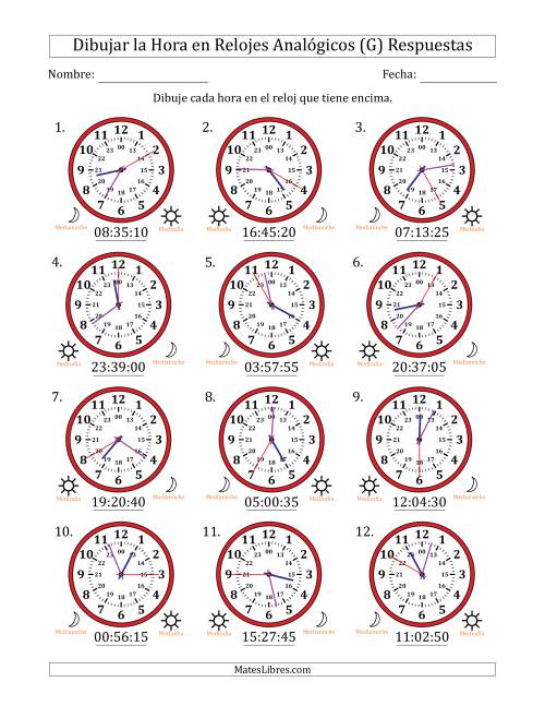 La hoja de ejercicios de Representar la Hora en Relojes Analógicos de 24 Horas en Intervalos de 5 Segundo (12 Relojes) (G) Página 2