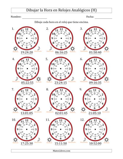 La hoja de ejercicios de Representar la Hora en Relojes Analógicos de 24 Horas en Intervalos de 5 Segundo (12 Relojes) (H)