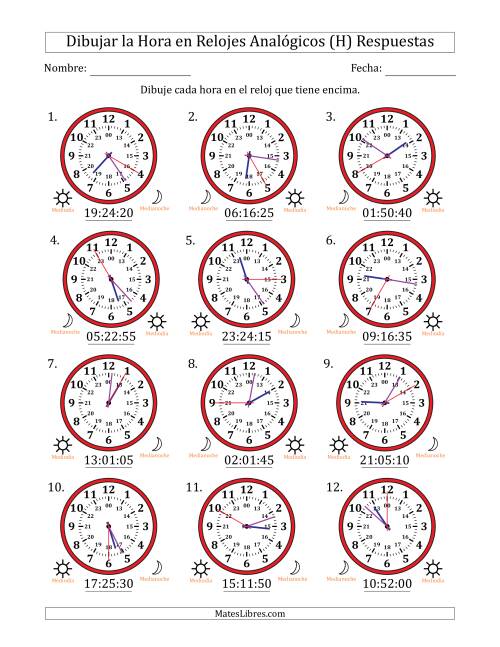La hoja de ejercicios de Representar la Hora en Relojes Analógicos de 24 Horas en Intervalos de 5 Segundo (12 Relojes) (H) Página 2