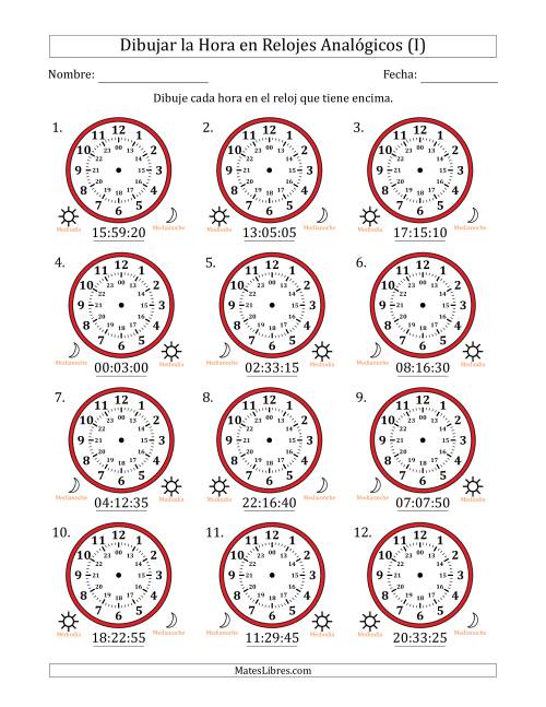 La hoja de ejercicios de Representar la Hora en Relojes Analógicos de 24 Horas en Intervalos de 5 Segundo (12 Relojes) (I)