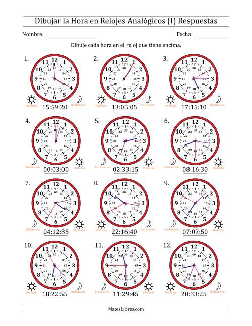 La hoja de ejercicios de Representar la Hora en Relojes Analógicos de 24 Horas en Intervalos de 5 Segundo (12 Relojes) (I) Página 2