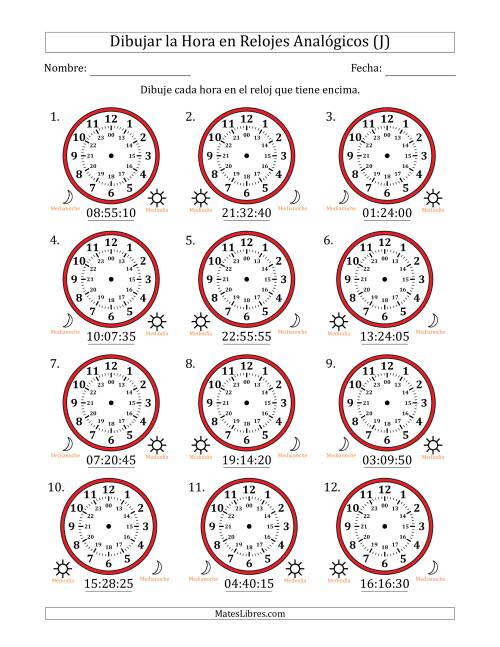 La hoja de ejercicios de Representar la Hora en Relojes Analógicos de 24 Horas en Intervalos de 5 Segundo (12 Relojes) (J)