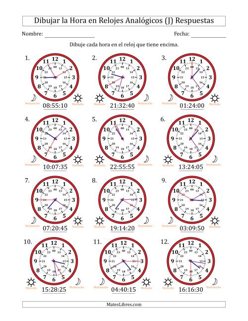 La hoja de ejercicios de Representar la Hora en Relojes Analógicos de 24 Horas en Intervalos de 5 Segundo (12 Relojes) (J) Página 2