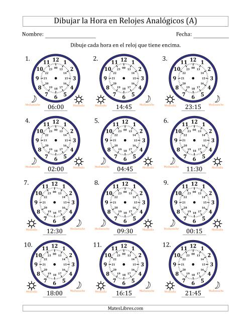 La hoja de ejercicios de Representar la Hora en Relojes Analógicos de 24 Horas en Intervalos de 15 Minuto (12 Relojes) (A)