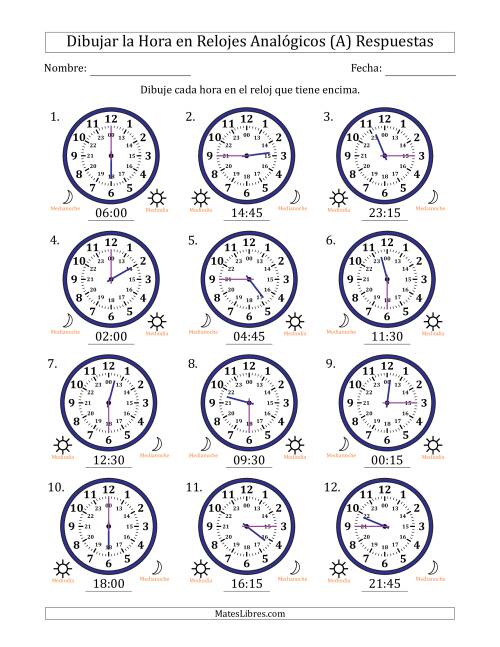 La hoja de ejercicios de Representar la Hora en Relojes Analógicos de 24 Horas en Intervalos de 15 Minuto (12 Relojes) (A) Página 2