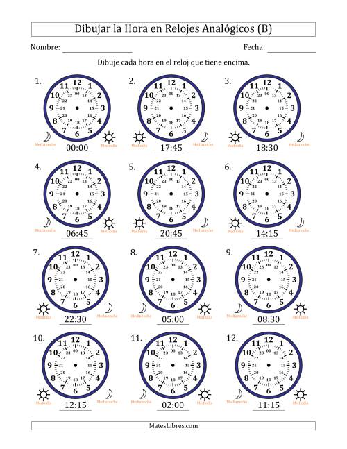 La hoja de ejercicios de Representar la Hora en Relojes Analógicos de 24 Horas en Intervalos de 15 Minuto (12 Relojes) (B)