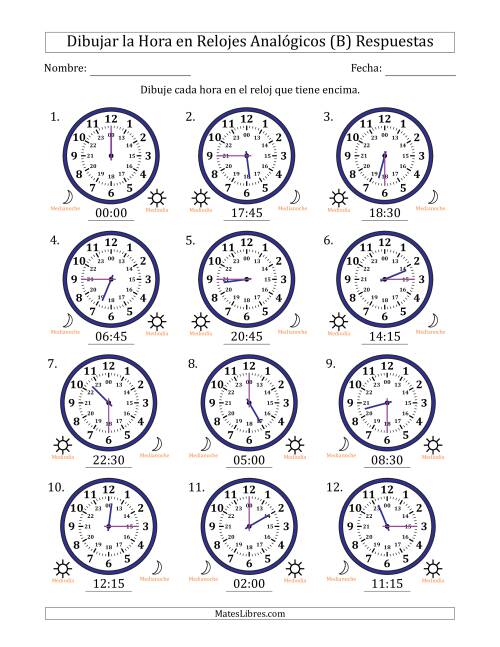 La hoja de ejercicios de Representar la Hora en Relojes Analógicos de 24 Horas en Intervalos de 15 Minuto (12 Relojes) (B) Página 2