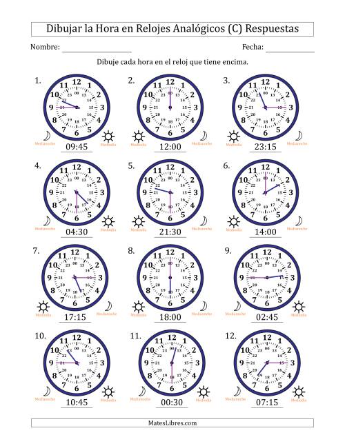 La hoja de ejercicios de Representar la Hora en Relojes Analógicos de 24 Horas en Intervalos de 15 Minuto (12 Relojes) (C) Página 2