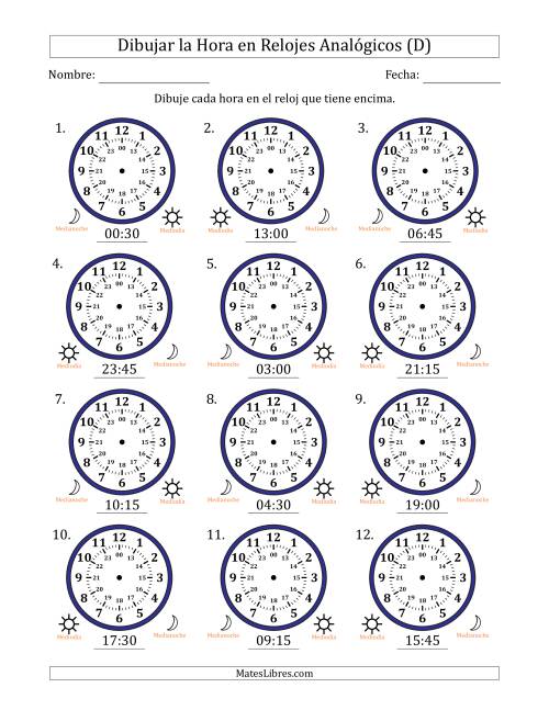 La hoja de ejercicios de Representar la Hora en Relojes Analógicos de 24 Horas en Intervalos de 15 Minuto (12 Relojes) (D)