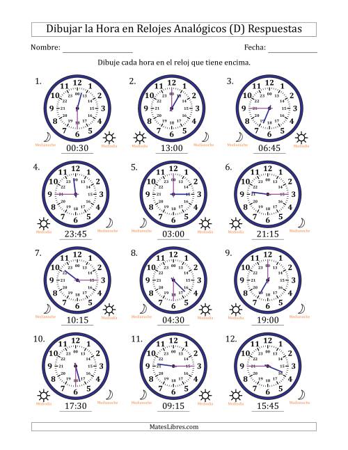 La hoja de ejercicios de Representar la Hora en Relojes Analógicos de 24 Horas en Intervalos de 15 Minuto (12 Relojes) (D) Página 2