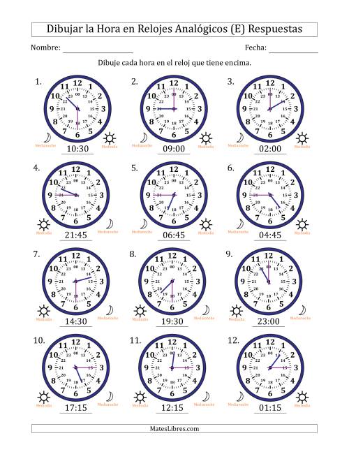 La hoja de ejercicios de Representar la Hora en Relojes Analógicos de 24 Horas en Intervalos de 15 Minuto (12 Relojes) (E) Página 2