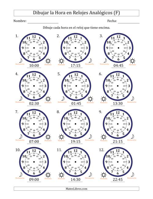 La hoja de ejercicios de Representar la Hora en Relojes Analógicos de 24 Horas en Intervalos de 15 Minuto (12 Relojes) (F)
