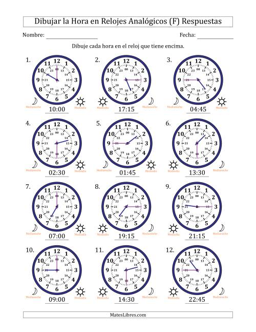 La hoja de ejercicios de Representar la Hora en Relojes Analógicos de 24 Horas en Intervalos de 15 Minuto (12 Relojes) (F) Página 2