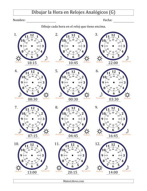 La hoja de ejercicios de Representar la Hora en Relojes Analógicos de 24 Horas en Intervalos de 15 Minuto (12 Relojes) (G)
