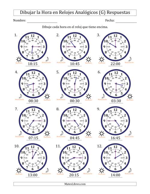 La hoja de ejercicios de Representar la Hora en Relojes Analógicos de 24 Horas en Intervalos de 15 Minuto (12 Relojes) (G) Página 2