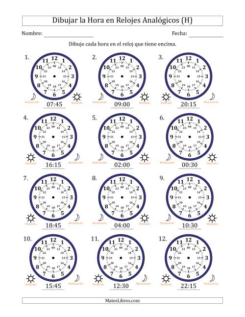 La hoja de ejercicios de Representar la Hora en Relojes Analógicos de 24 Horas en Intervalos de 15 Minuto (12 Relojes) (H)