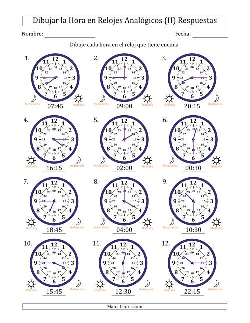 La hoja de ejercicios de Representar la Hora en Relojes Analógicos de 24 Horas en Intervalos de 15 Minuto (12 Relojes) (H) Página 2