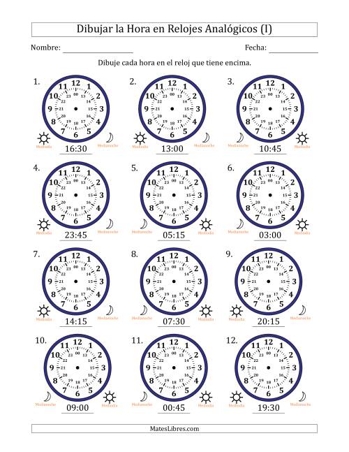 La hoja de ejercicios de Representar la Hora en Relojes Analógicos de 24 Horas en Intervalos de 15 Minuto (12 Relojes) (I)