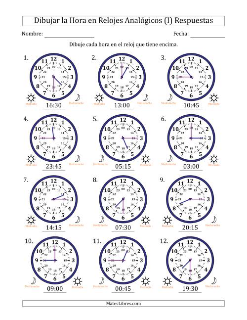 La hoja de ejercicios de Representar la Hora en Relojes Analógicos de 24 Horas en Intervalos de 15 Minuto (12 Relojes) (I) Página 2