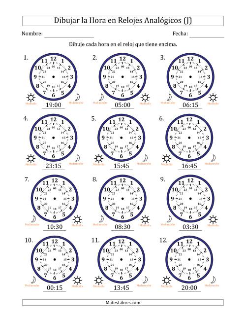 La hoja de ejercicios de Representar la Hora en Relojes Analógicos de 24 Horas en Intervalos de 15 Minuto (12 Relojes) (J)