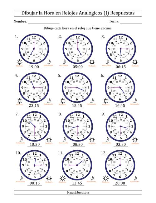La hoja de ejercicios de Representar la Hora en Relojes Analógicos de 24 Horas en Intervalos de 15 Minuto (12 Relojes) (J) Página 2
